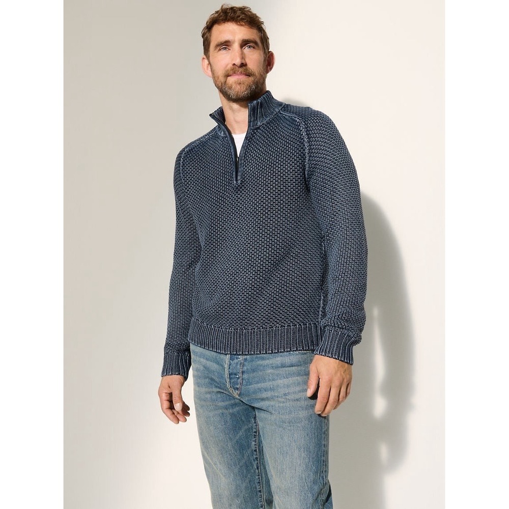 Overland Levi Cotton Sweater Mens M Quarter Zip Knit washed Blue Pullover Casual